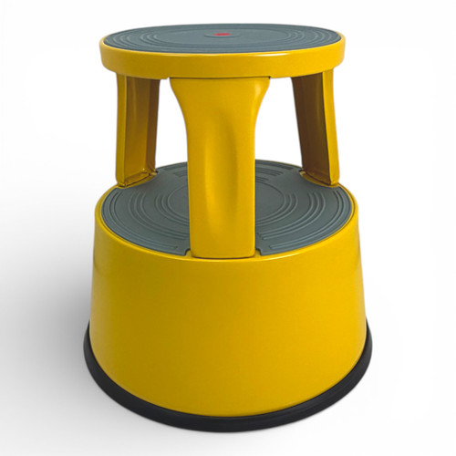 Yellow Steel Kick Step Stool Non-Slip Portable for Home Office Warehouse, product shown on a white background, balanced, centred square layout