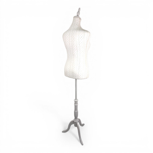 White Lace Female Mannequin Torso with Adjustable Tripod Stand, full-height product view on a white background, gallery image 12 of 14