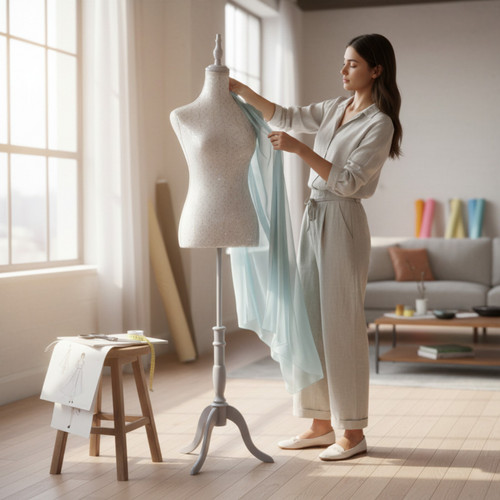 White Lace Female Mannequin Torso with Adjustable Tripod Stand, product shown against a coloured background