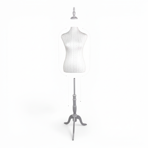 White Lace Female Mannequin Torso with Adjustable Tripod Stand, full-height product view on a white background, open, centred square layout
