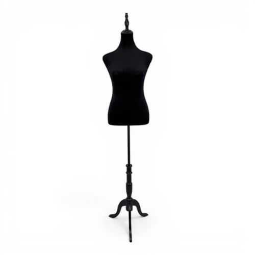 Black Velvet Female Mannequin Torso with Adjustable Wooden Stand, full-height product view on a white background
