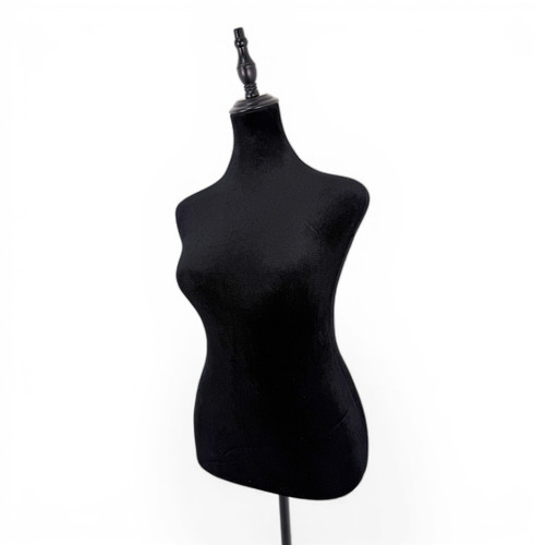 Black Velvet Female Mannequin Torso with Adjustable Wooden Stand, full-height product view on a white background, brightly lit product image