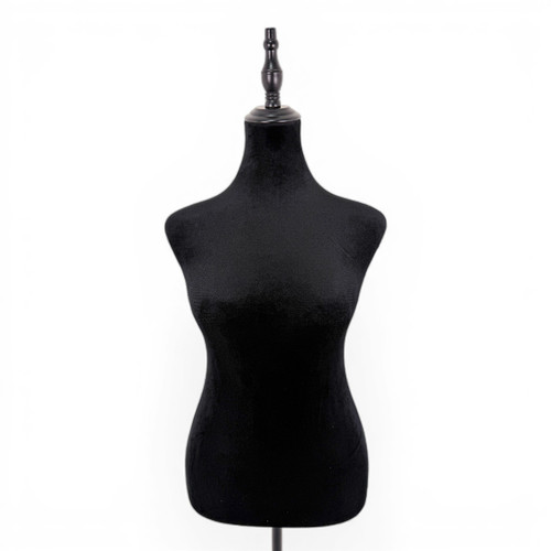Black Velvet Female Mannequin Torso with Adjustable Wooden Stand, full-height product view on a white background, balanced, centred square layout