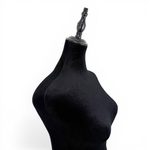 Black Velvet Female Mannequin Torso with Adjustable Wooden Stand, full-height product view on a white background, evenly lit product image
