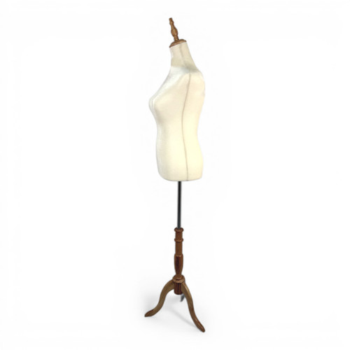 Beige Velvet Female Mannequin Torso with Adjustable Wooden Stand, full-height product view on a white background, gallery image 12 of 14