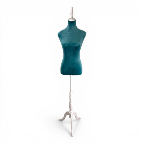 Green Velvet Female Mannequin Torso Dress Form with Wooden Stand, full-height product view on a white background