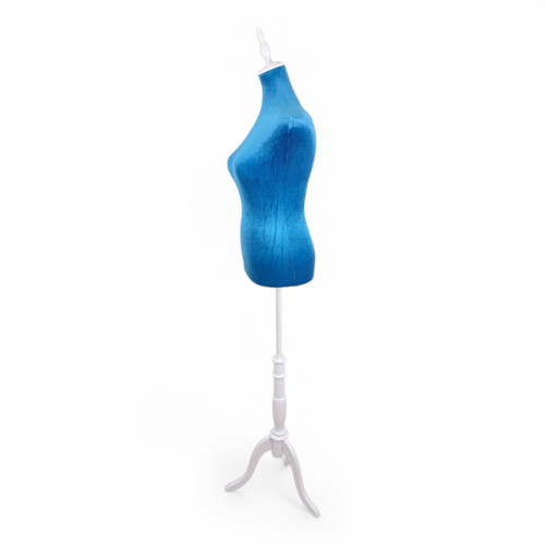 Blue Velvet Female Mannequin Torso Dress Form with Wooden Stand, full-height product view on a white background, full-height product photograph