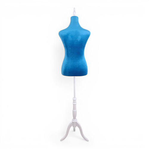 Blue Velvet Female Mannequin Torso Dress Form with Wooden Stand, full-height product view on a white background, gallery image 7 of 12