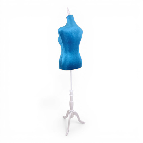 Blue Velvet Female Mannequin Torso Dress Form with Wooden Stand, full-height product view on a white background, brightly lit product image