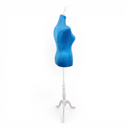 Blue Velvet Female Mannequin Torso Dress Form with Wooden Stand, full-height product view on a white background, gallery image 8 of 12