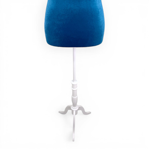 Blue Velvet Female Mannequin Torso Dress Form with Wooden Stand, full-height product view on a white background, balanced, centred square layout