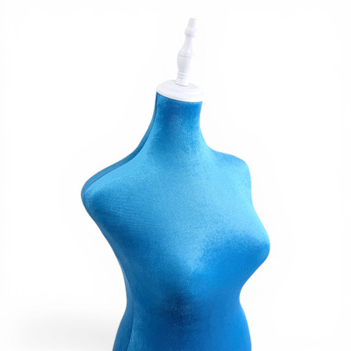 Blue Velvet Female Mannequin Torso Dress Form with Wooden Stand, full-height product view on a white background, gallery image 11 of 12
