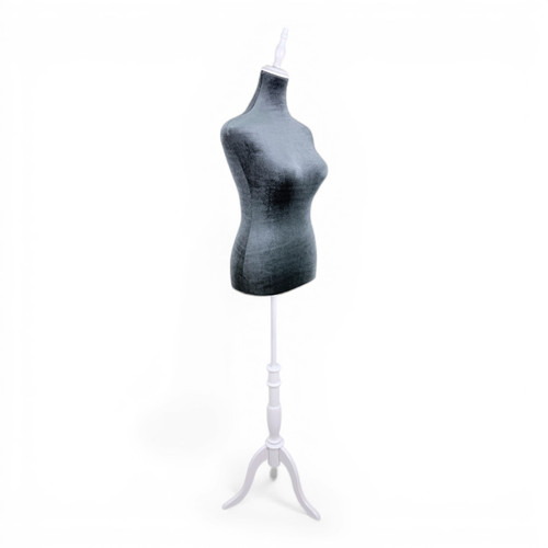 Grey Velvet Female Mannequin Torso Dress Form with Wooden Stand, full-height product view on a white background, open, centred square layout
