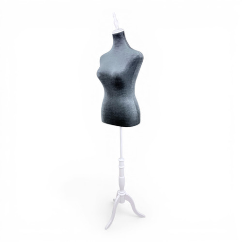 Grey Velvet Female Mannequin Torso Dress Form with Wooden Stand, full-height product view on a white background, gallery image 13 of 14