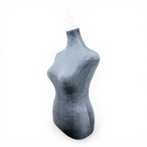 Grey Velvet Female Mannequin Torso Dress Form with Wooden Stand, full-height product view on a white background, gallery image 14 of 14