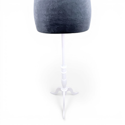 Grey Velvet Female Mannequin Torso Dress Form with Wooden Stand, full-height product view on a white background, balanced, centred square layout