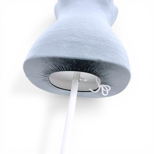 Grey Velvet Female Mannequin Torso Dress Form with Wooden Stand, full-height product view on a white background, gallery image 9 of 14