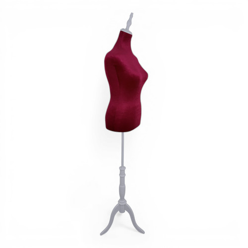 Red Velvet Female Mannequin Torso Dress Form with Wooden Stand, full-height product view on a white background, gallery image 15 of 16