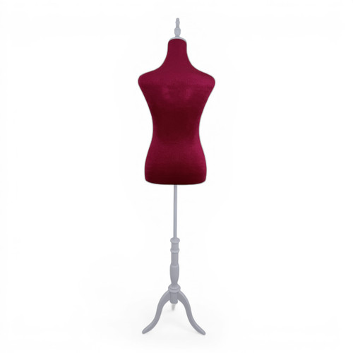 Red Velvet Female Mannequin Torso Dress Form with Wooden Stand, full-height product view on a white background, gallery image 13 of 16