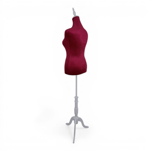 Red Velvet Female Mannequin Torso Dress Form with Wooden Stand, full-height product view on a white background, gallery image 12 of 16