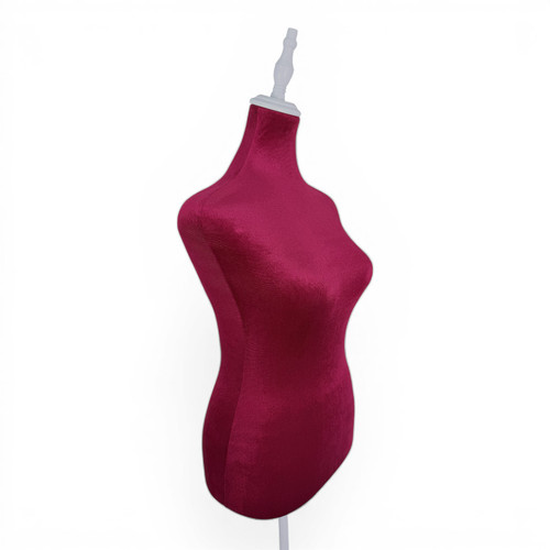 Red Velvet Female Mannequin Torso Dress Form with Wooden Stand, full-height product view on a white background, gallery image 16 of 16