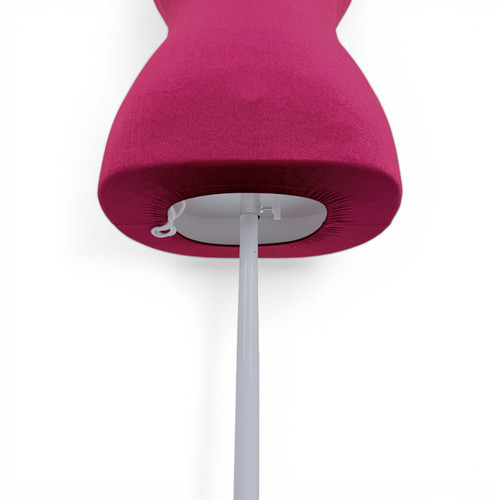 Red Velvet Female Mannequin Torso Dress Form with Wooden Stand, full-height product view on a white background, brightly lit product image