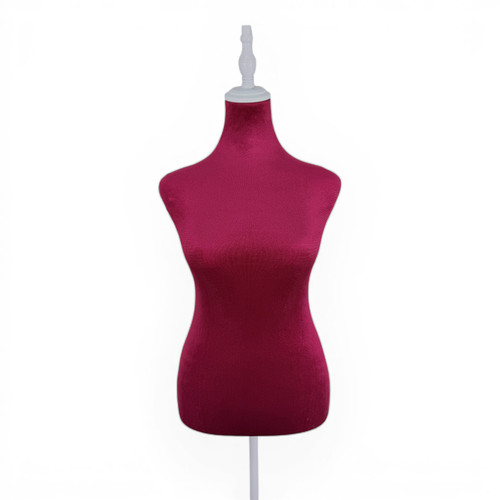 Red Velvet Female Mannequin Torso Dress Form with Wooden Stand, full-height product view on a white background, balanced, centred square layout