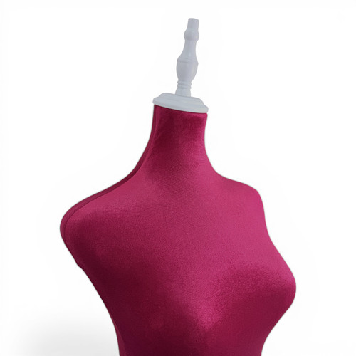 Red Velvet Female Mannequin Torso Dress Form with Wooden Stand, close product view on a white background