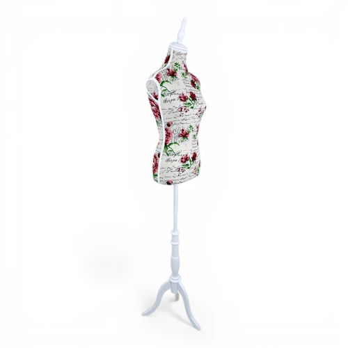 Red Floral Female Mannequin Torso with Adjustable Wooden Stand, full-height product view on a white background, open, centred square layout