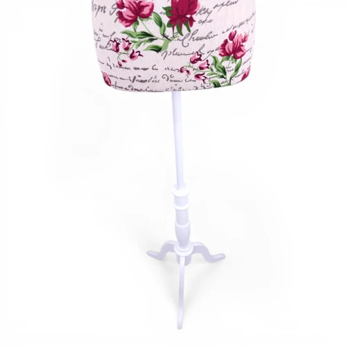 Red Floral Female Mannequin Torso with Adjustable Wooden Stand, full-height product view on a white background, balanced, centred square layout