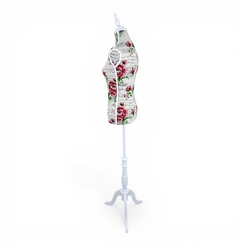 Red Floral Female Mannequin Torso with Adjustable Wooden Stand, full-height product view on a white background, gallery image 9 of 13