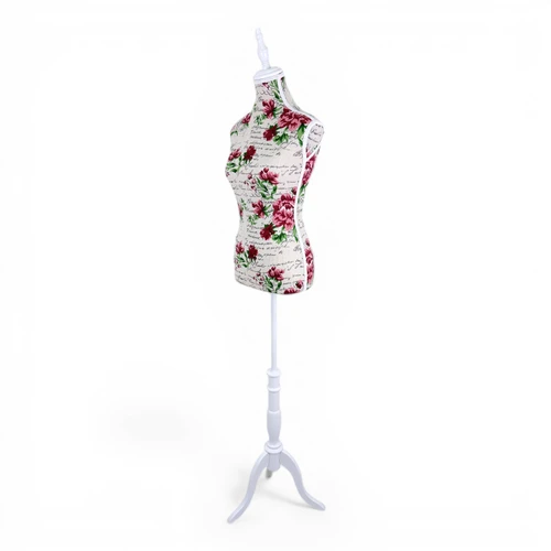 Red Floral Female Mannequin Torso with Adjustable Wooden Stand, full-height product view on a white background, gallery image 10 of 13