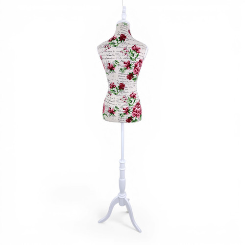 Red Floral Female Mannequin Torso with Adjustable Wooden Stand