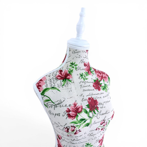Red Floral Female Mannequin Torso with Adjustable Wooden Stand, full-height product view on a white background, gallery image 12 of 13