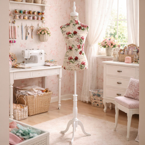 Red Floral Female Mannequin Torso with Adjustable Wooden Stand