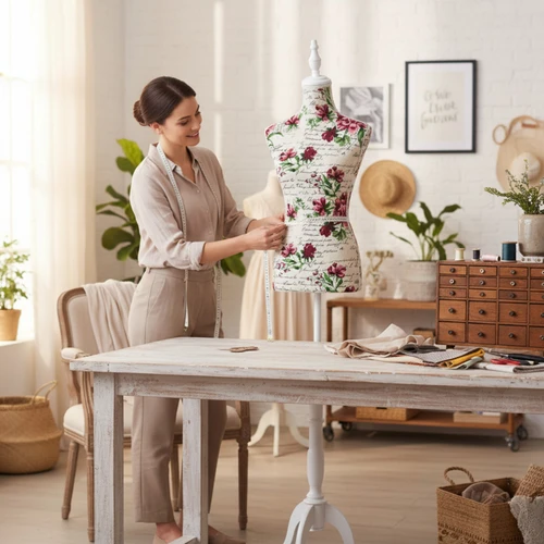 Red Floral Female Mannequin Torso with Adjustable Wooden Stand, product shown against a coloured background