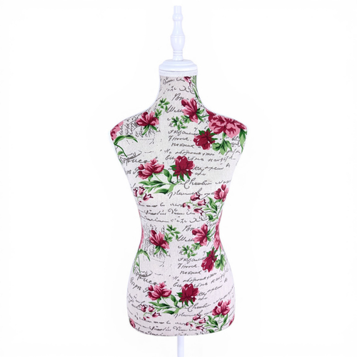 Red Floral Female Mannequin Torso with Adjustable Wooden Stand