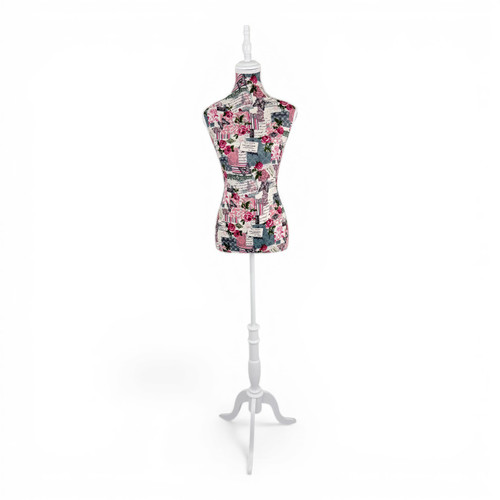 Pink Floral Female Mannequin Torso with Adjustable Wooden Stand