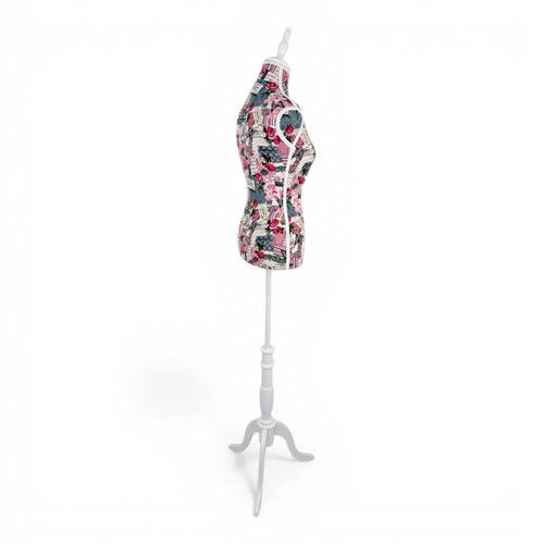 Pink Floral Female Mannequin Torso with Adjustable Wooden Stand, full-height product view on a white background, gallery image 11 of 13