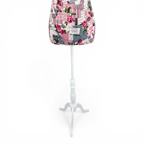 Pink Floral Female Mannequin Torso with Adjustable Wooden Stand, full-height product view on a white background, full-height product photograph