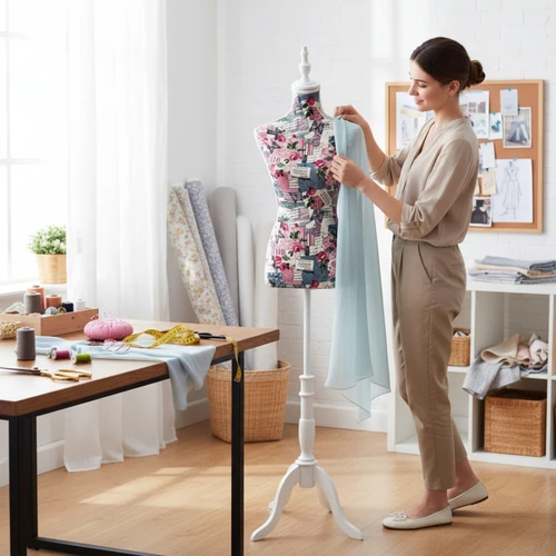 Pink Floral Female Mannequin Torso with Adjustable Wooden Stand, product shown against a coloured background, balanced, centred square layout