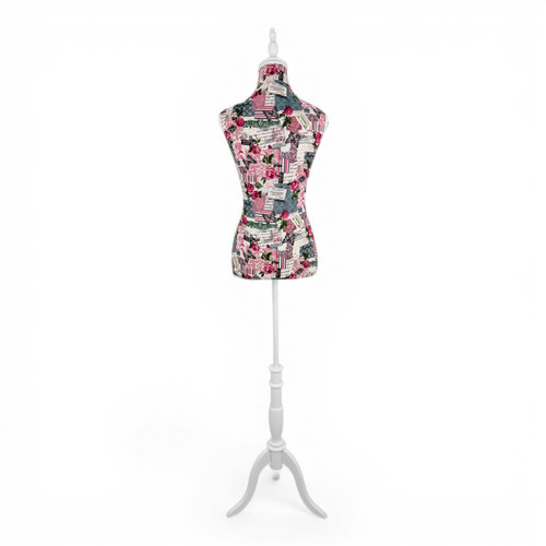 Pink Floral Female Mannequin Torso with Adjustable Wooden Stand, full-height product view on a white background, gallery image 12 of 13
