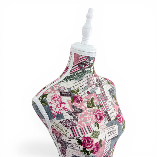 Pink Floral Female Mannequin Torso with Adjustable Wooden Stand, full-height product view on a white background, gallery image 8 of 13