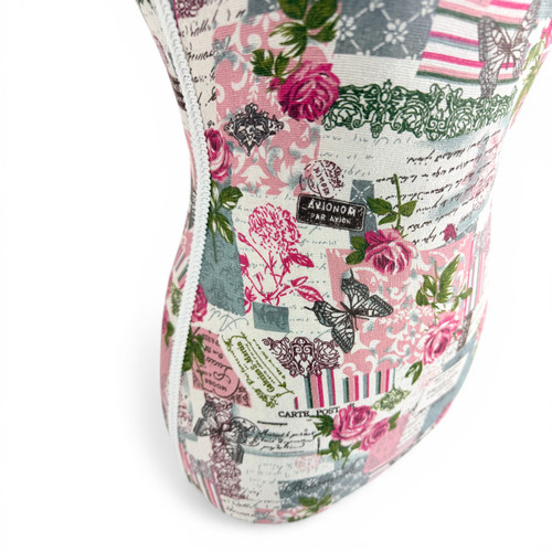 Pink Floral Female Mannequin Torso with Adjustable Wooden Stand, full-height product view against a light background