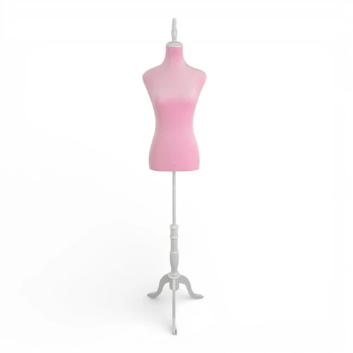 Pink Velvet Female Mannequin Torso Dress Form with Wooden Stand, full-height product view on a white background