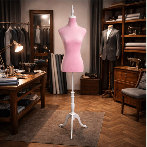 Pink Velvet Female Mannequin Torso Dress Form with Wooden Stand, close product view against a dark background