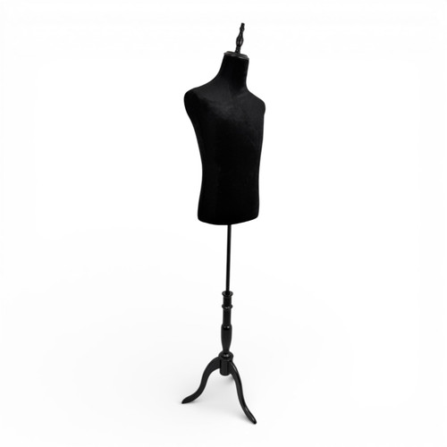 Black Velvet Male Mannequin Torso with Adjustable Wooden Stand, full-height product view on a white background, open, centred square layout