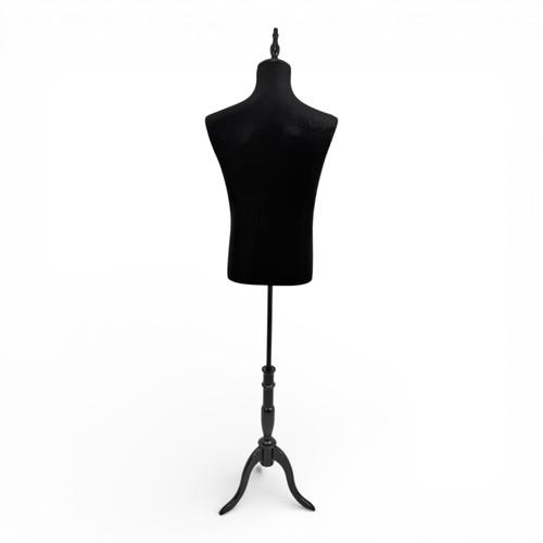 Black Velvet Male Mannequin Torso with Adjustable Wooden Stand, full-height product view on a white background, gallery image 11 of 15