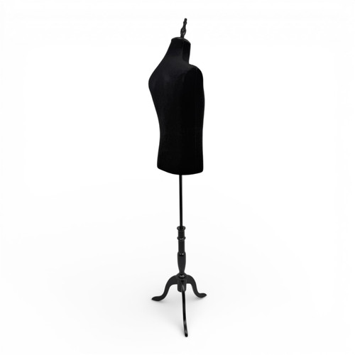 Black Velvet Male Mannequin Torso with Adjustable Wooden Stand, full-height product view on a white background, gallery image 10 of 15