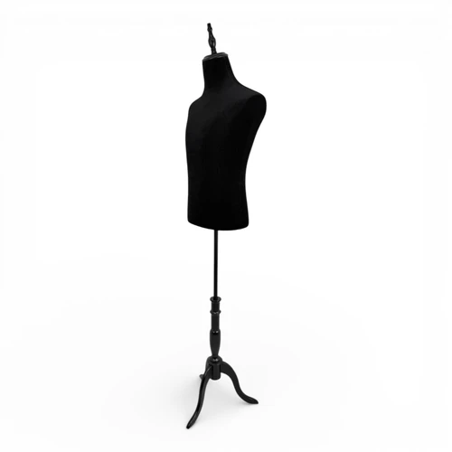 Black Velvet Male Mannequin Torso with Adjustable Wooden Stand, full-height product view on a white background, gallery image 13 of 15